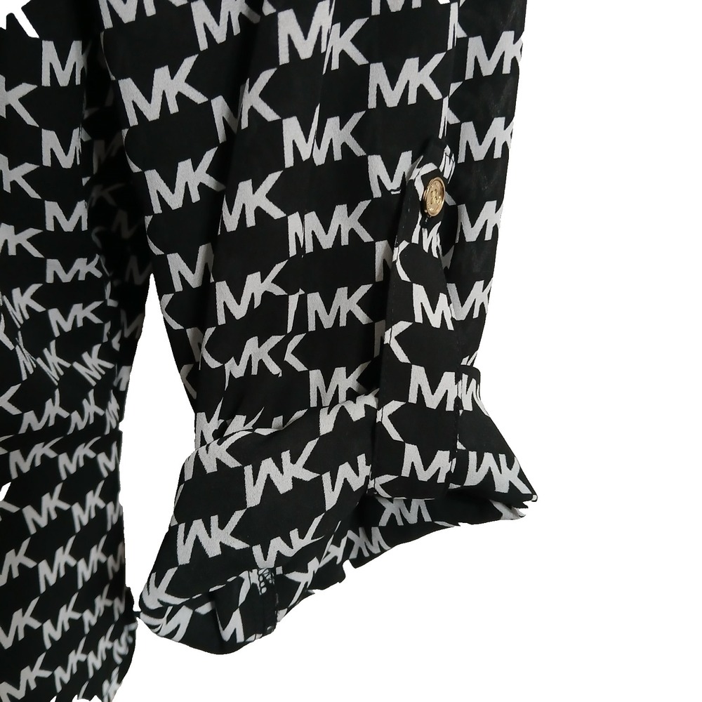Michael Kors MK Logo Women Top 1X Black White Monogram Roll Tab Sleeve Designer - Picture 5 of 7